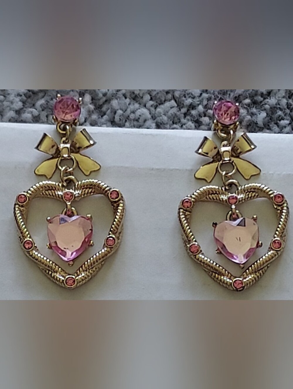 Gold Heart Drop Earrings with Pink Crystal Hearts